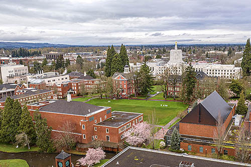 An aerial view of Willamette University's Salem Campus